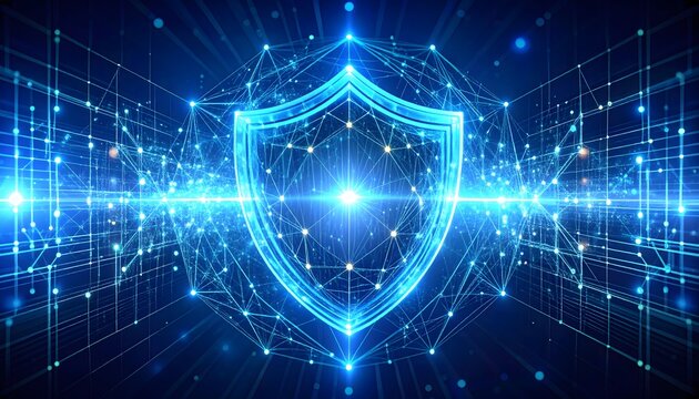 Stylized digital firewall rebuilding in real-time, code strings forming shields with pixel sparks and flowing data streams in deep-tech background.
