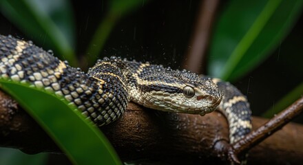 Obraz premium Mangrove Pit Viper in Rain – Jungle Reptile Macro Image