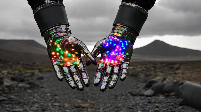 Futuristic glowing hands in desert landscape