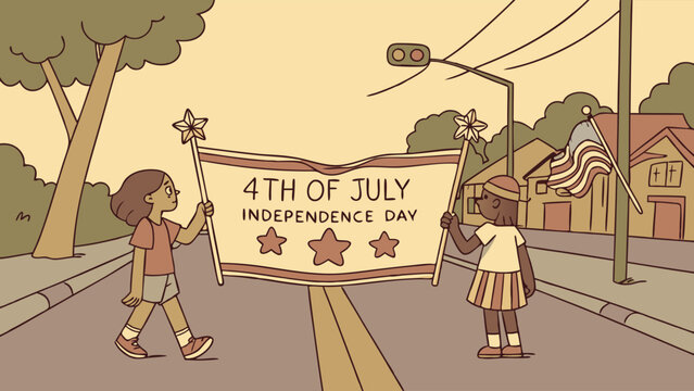 4th of July Parade: Kids Carrying Independence Day Banner and American Flag on Street