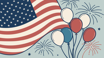Fototapeta premium Patriotic American Celebration Background with Waving Flag, Festive Balloons, and Fireworks Illustration