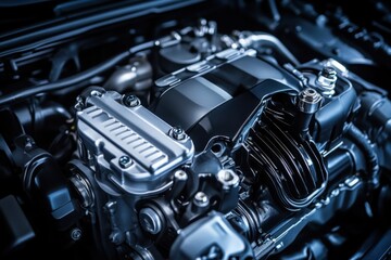 Modern Car Engine Close-Up with Metallic Details
