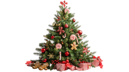 Christmas tree decorated with candy canes, gingerbread cookies, and ribbons Transparent background, PNG