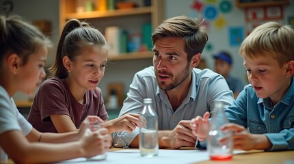 An inspiring photo realistic shot displays a teacher and students engaged in a hands-on experiment, reflecting the practical application of learning and discovery.