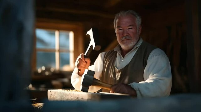 Middle-aged man offering a hammer in a workshop setting