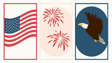 American Patriotic Symbols Set: USA Flag, Fireworks, and Bald Eagle Illustrations for National Holidays