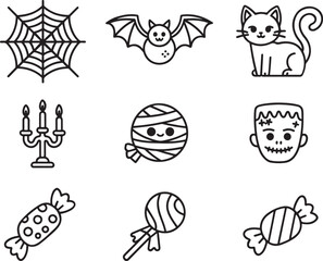 Cute Halloween Icons Featuring Classic Imagery with a Playful Style including a Bat, Cat, Candy, and Monster