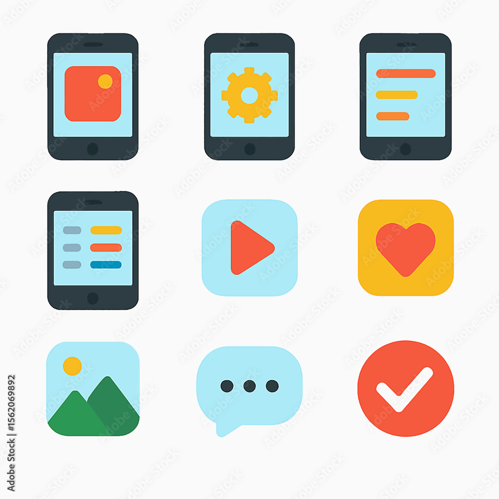 Poster flat design icon set featuring mobile interface and app symbols in colorful style