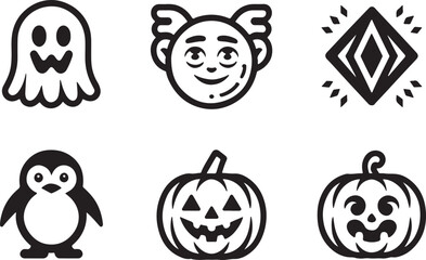 Whimsical Halloween and Winter Icons Black and White Line Art Illustrations for Graphic Design Elements