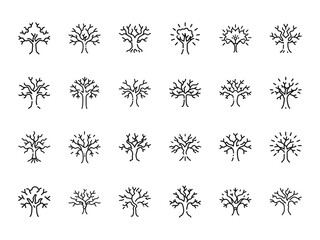 Set of 25 Unique Hand-Drawn Tree Icons in Minimalist Black Line Art Style – Stylized Bare Trees and Nature Symbols for Eco, Botanical, or Seasonal Design Projects