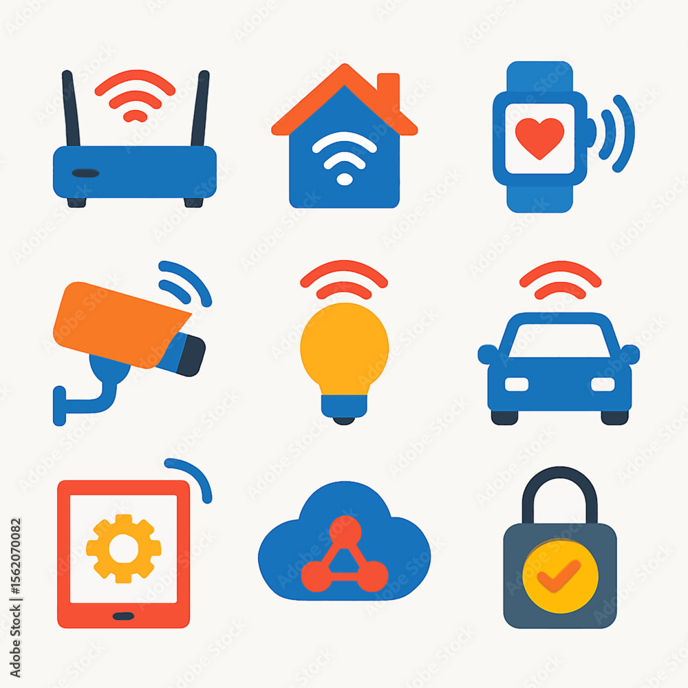 Poster flat vector icons depicting smart home automation and internet of things devices