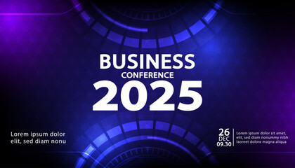 A futuristic banner template for a tech conference. This design features a high-tech HUD interface with glowing semi-circular dials on a dark blue and purple gradient background.