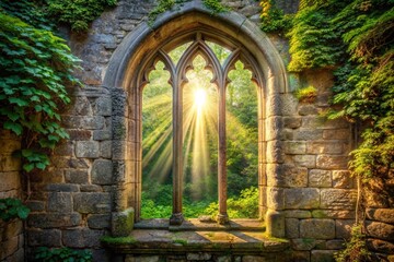 Fototapeta premium Sunlight streams through a gothic arch window in ancient stone ruins, illuminating a lush green forest scene