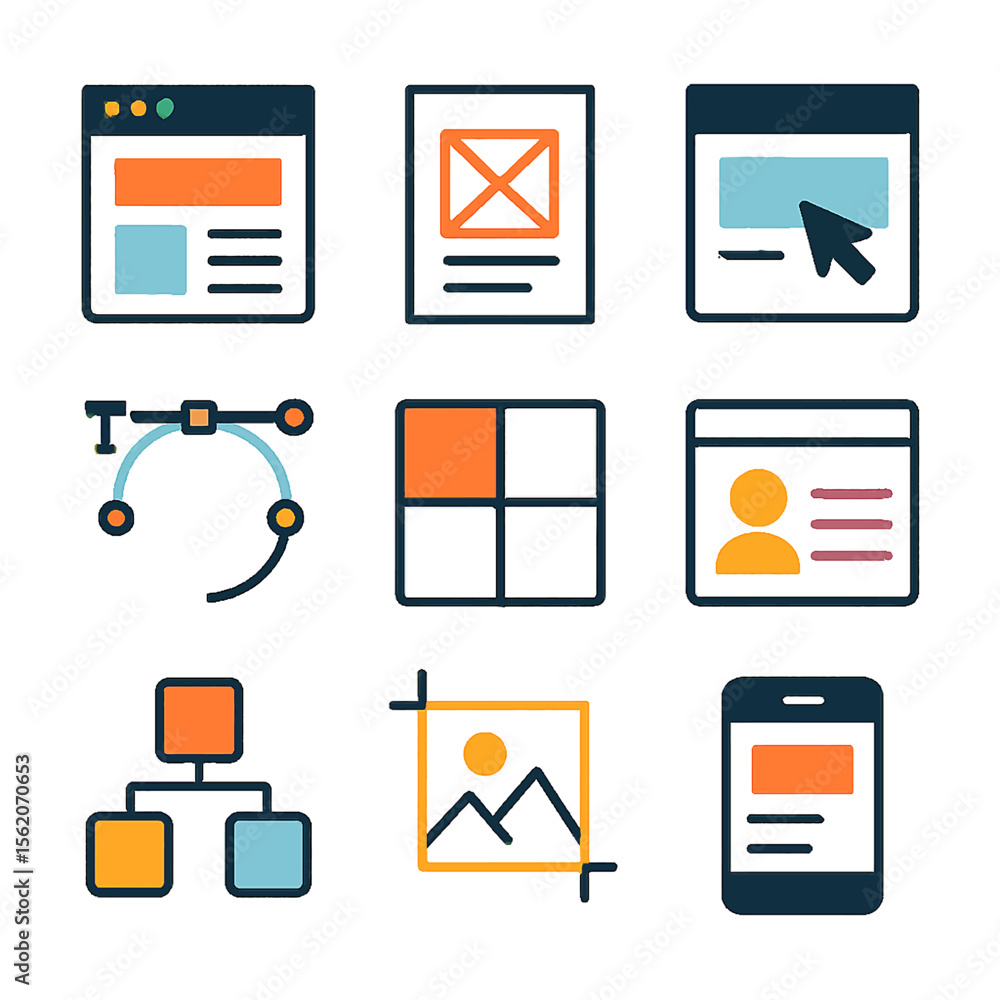 Poster graphic design elements displaying website layout, grid, and mobile app interface
