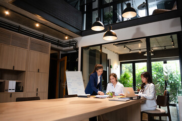Confident youg businesswoman teaching interns or helping new employees in the organization, using...