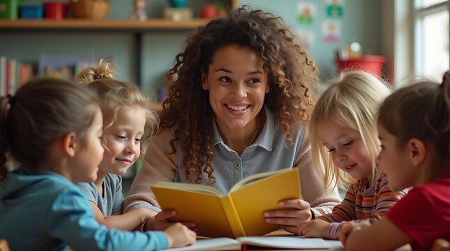 A captivating photo realistic image depicts a teacher engaged in reading to children, highlighting their wide-eyed wonder and the joy of early education in a cozy classroom.