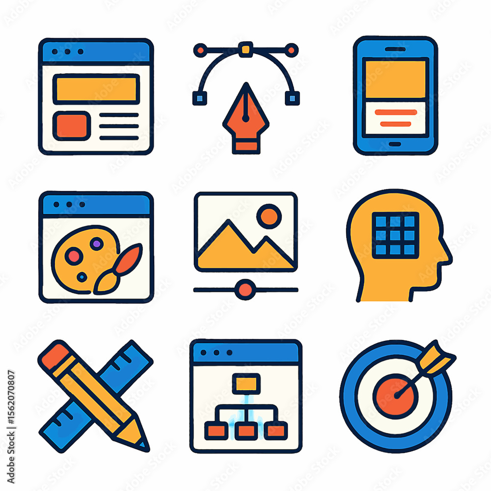 Poster graphic design elements showcase icons for web development and user interface creation