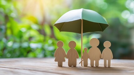 A wooden family figurine family standing under a green umbrella in a lush green outdoor setting.