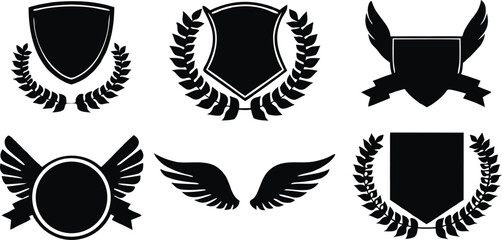 Minimalistic Vector Symbols,Shields,Laurel Wreaths, Wings, and Ribbons,Elegant Vector Icons,Wings,shield with wings vector illustration,Wings flat icon,minimal silhouette,banners for logo design set,A