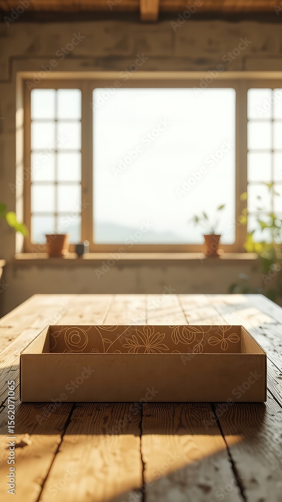 Aufkleber rustic tabletop scene featuring an empty decorative box with a sunlit window and plants in the backg
