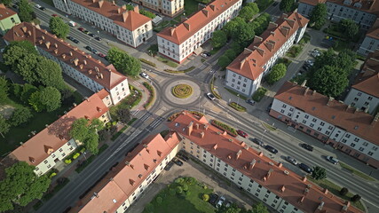 Aerial View of Europen City roundabout with red roof buildings