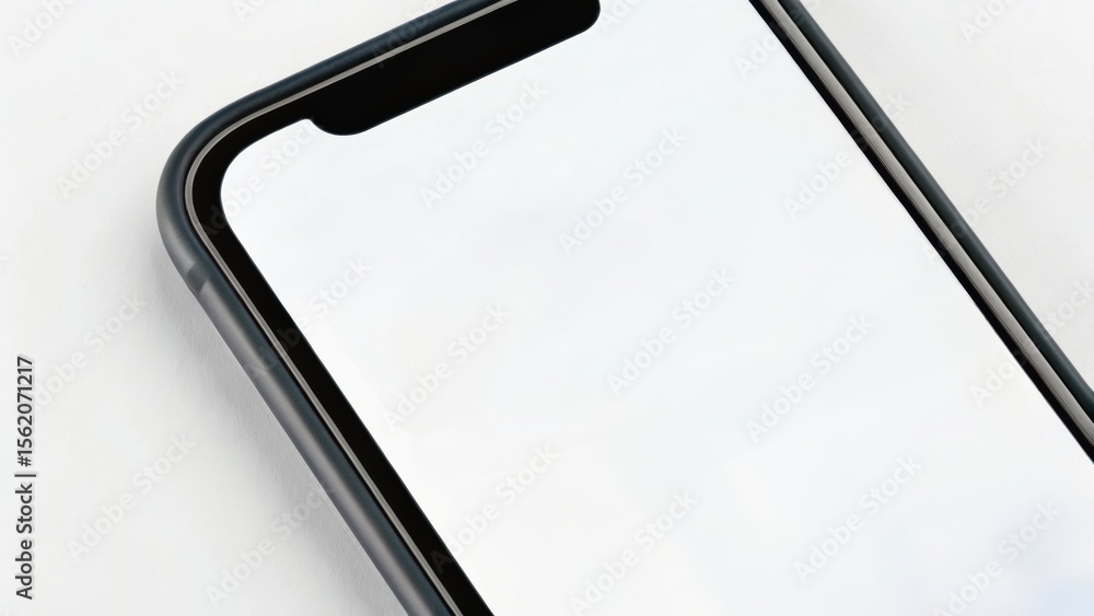 Poster smartphone with a blank screen on a light surface, featuring a sleek design and minimalistic appeara