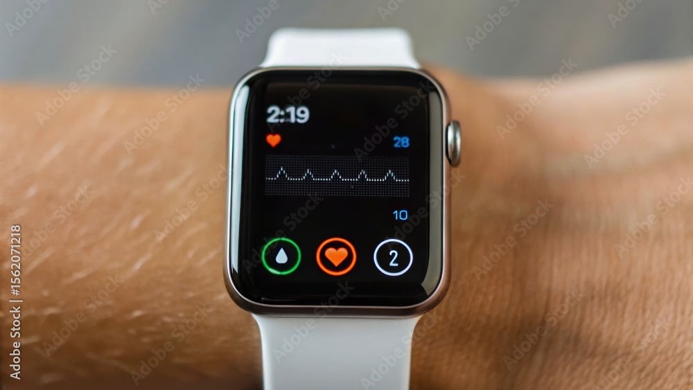 Poster smartwatch displaying heart rate and fitness metrics on a wrist, emphasizing health monitoring techn