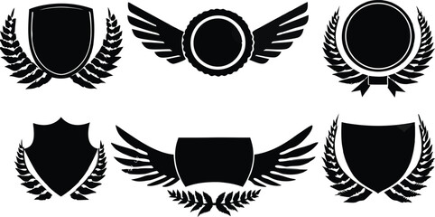Minimalistic Vector Symbols,Shields,Laurel Wreaths, Wings, and Ribbons,Elegant Vector Icons,Wings,shield with wings vector illustration,Wings flat icon,minimal silhouette,banners for logo design set,A