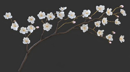 Elegant White Blossom Branch with Gold Accents Dark Background