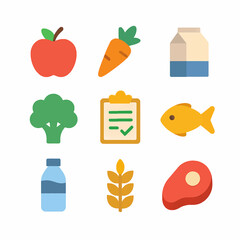 Healthy eating food group icons including fruits, vegetables, protein and dairy products