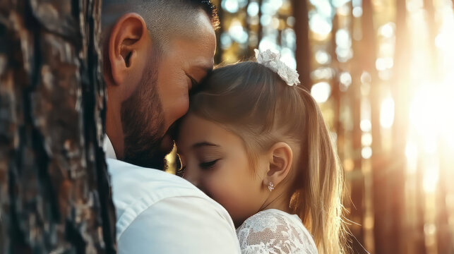 Father and daughter hug in forest
