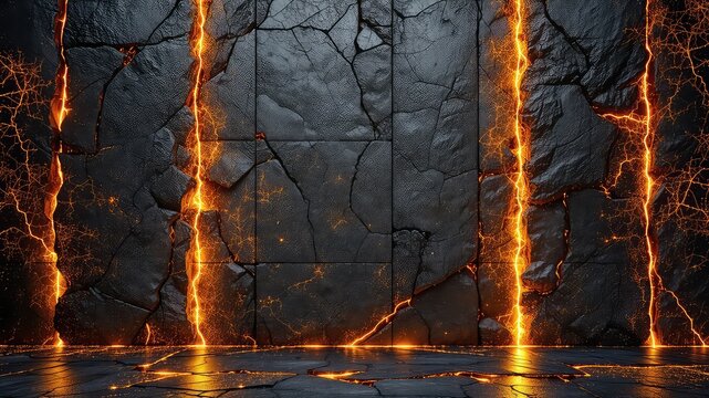 Dramatic presentation of textured charcoal gray wall and floor illuminated by brilliant fissures of orange light