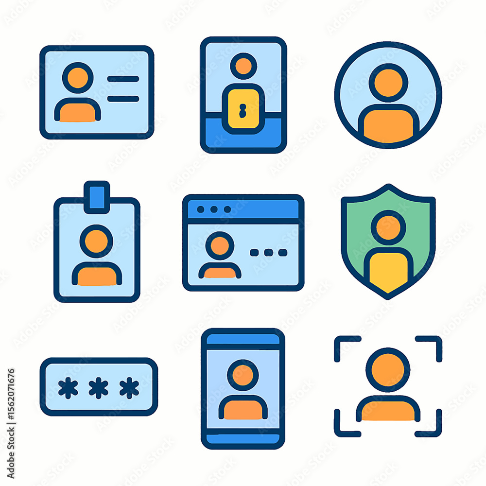 Poster identity verification and access control icons representing security measures vector set