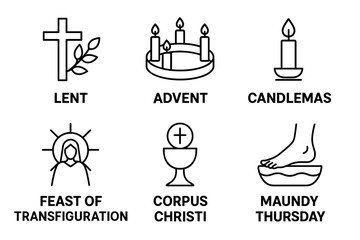 Christian symbols: lent, advent, candlemas, feast of transfiguration, corpus christi, maundy thursday vector icon isolated illustration
