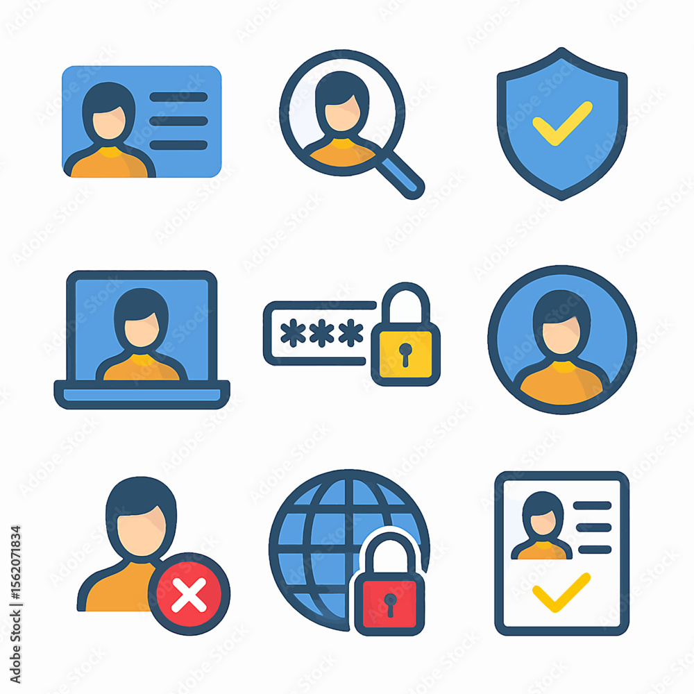 Poster identity verification and security concept with user profiles and protection icons
