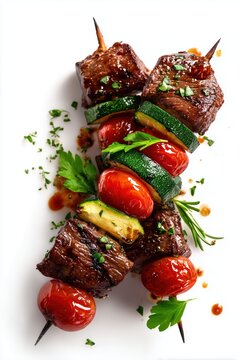 beef kebabs with zucchini and tomatoes on skewers isolated on white background
