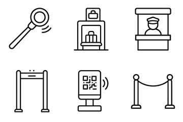 Airport security icons: magnifying glass, baggage screening, customs officer, metal detector, qr code scanner, barrier rope vector icon isolated illustration
