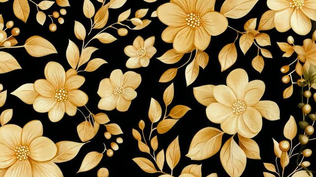Golden floral pattern on black background; large and small flowers, leaves and berries; watercolor style