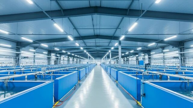 Spacious Indoor Aquaculture Facility with Blue Tanks and LED Lights