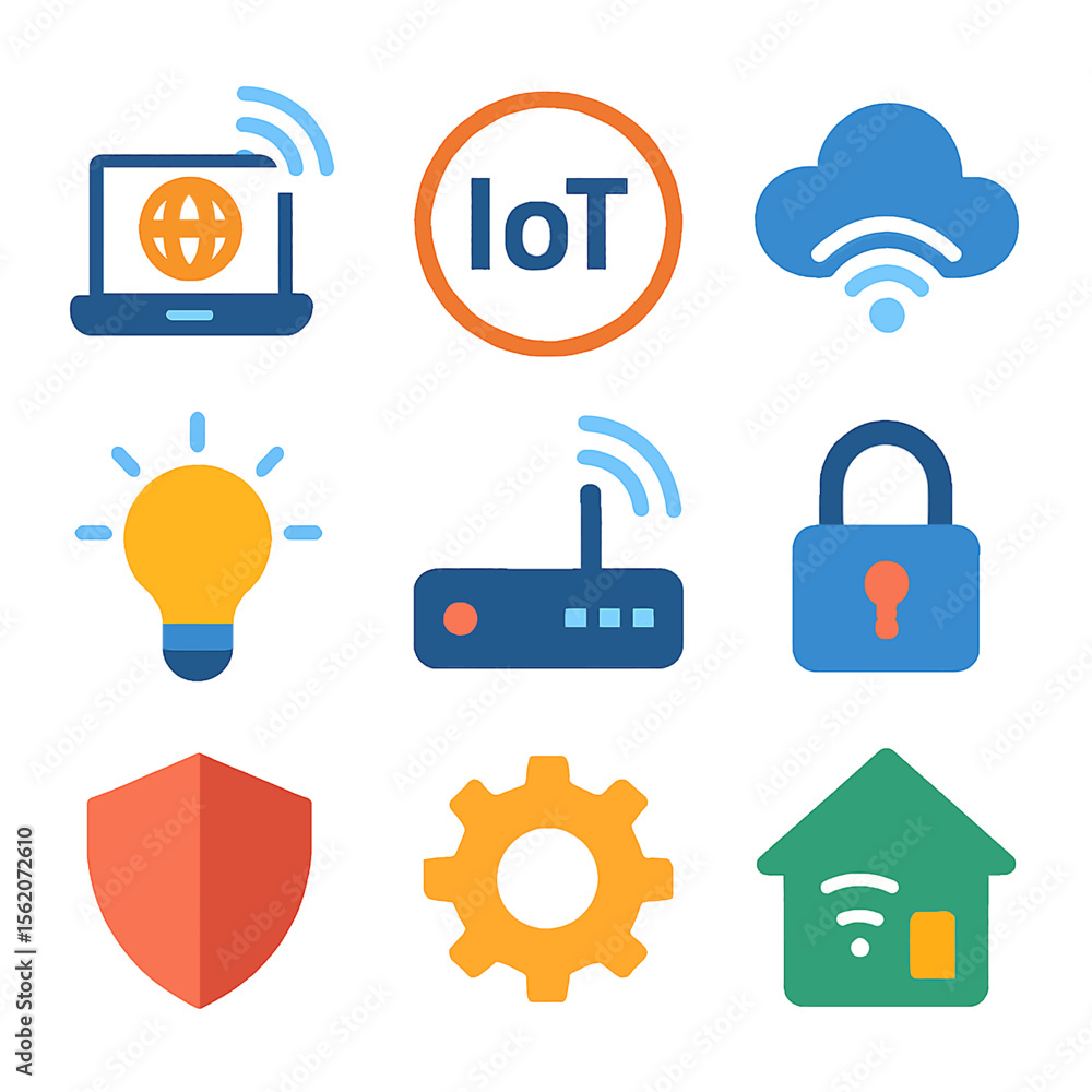 Poster internet of things vector icons set with wireless network and smart home devices