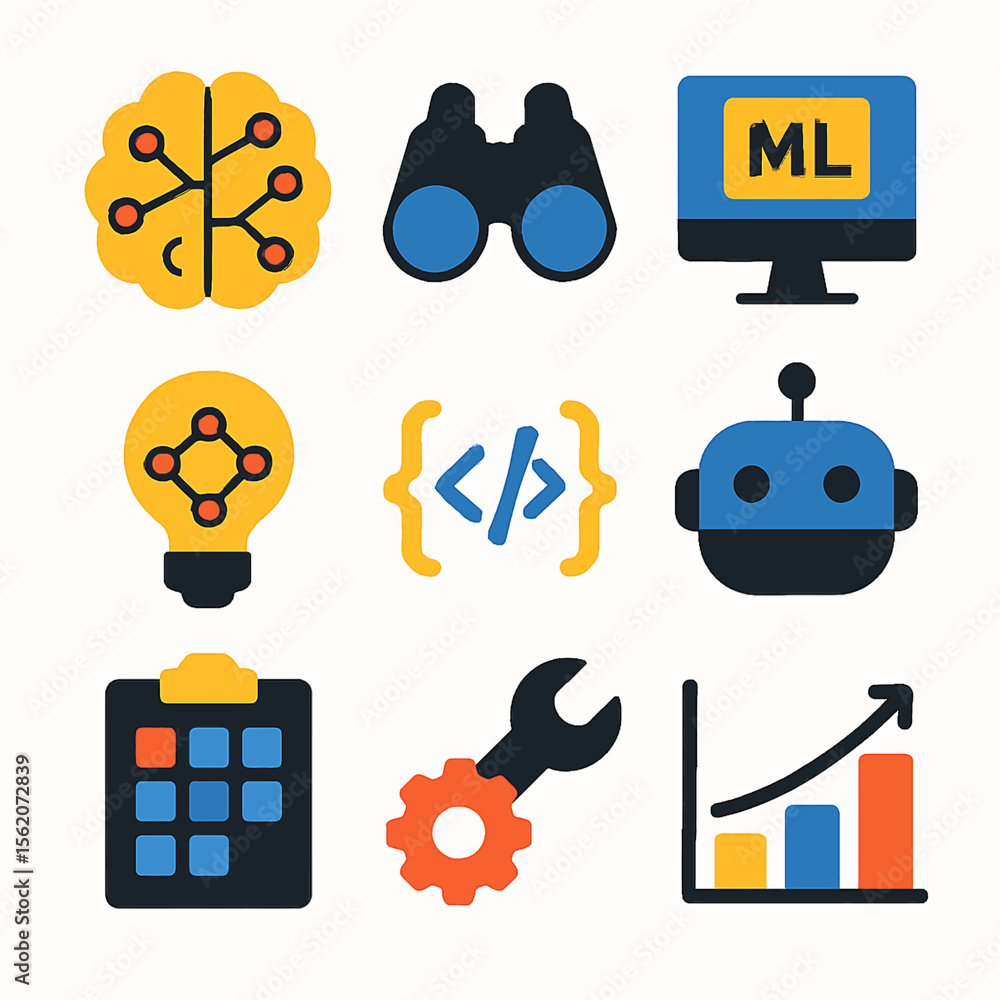 Poster Machine learning and artificial intelligence development concepts vector icons set