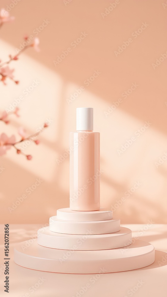 Poster elegant container on a stacked circular pedestal in a soft peach hue with blossom shadow background 