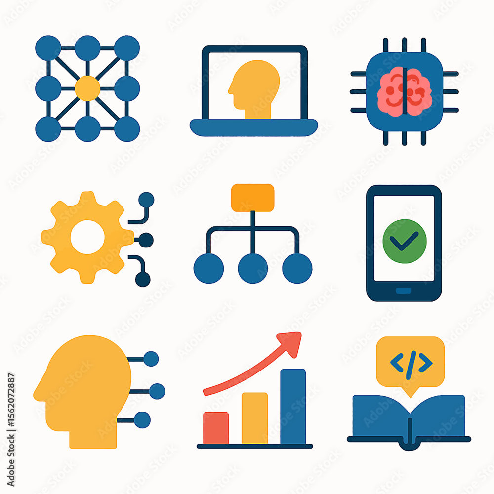 Poster machine learning and artificial intelligence vector icons featuring technology concepts