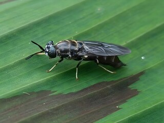 Macro shot of black soldier fly (Hermetia illucens) resting on a leaf. Great for composting,...