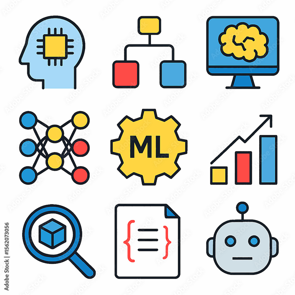 Poster machine learning concepts represented by vector icons on a white background