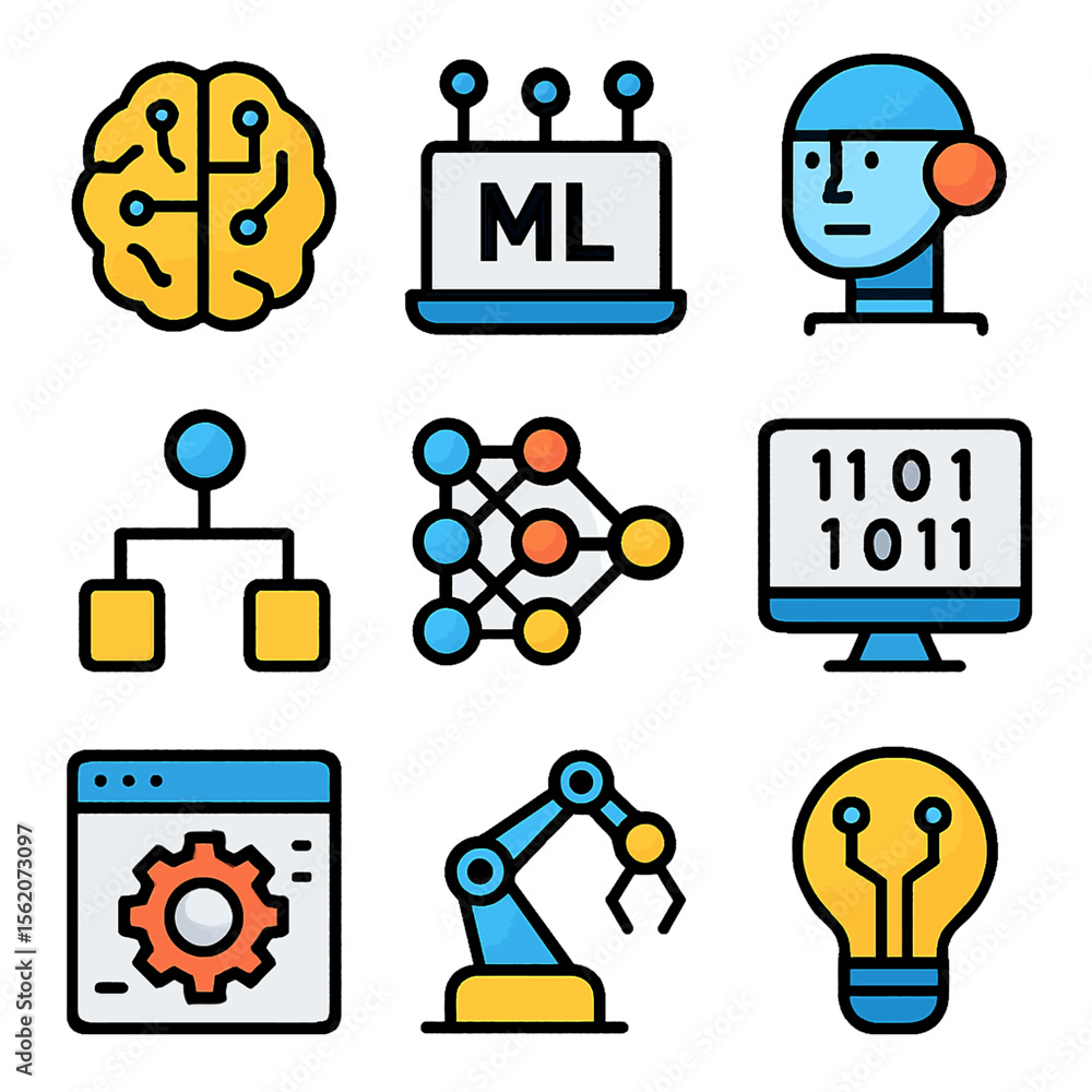 Poster Machine learning elements in vector style showing artificial intelligence concepts