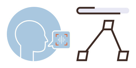 Person profile with speech recognition visual, soundwave analytics, and branching decision tree structure. Ideal for AI, automation, technology, communication, problem-solving, machine learning