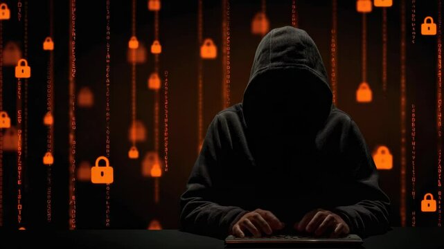 In a darkened setting, a hooded figure types on a computer, surrounded by floating code, the secrecy and concentration on neon graphic cyber security and threats.