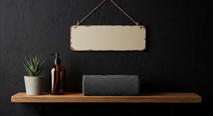 Minimalist bathroom shelf with plant soap dispenser and rolled towel