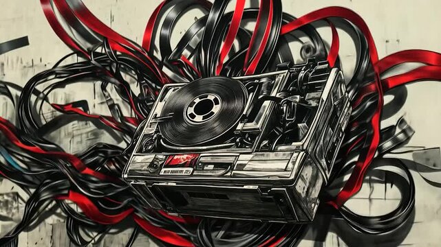 Retro audio equipment amidst tangled wires